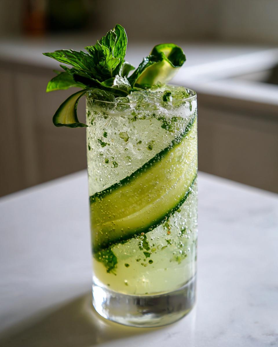 Close-up of a Cucumber Mint Gin Cocktail, garnished with fresh mint and cucumber ribbons.