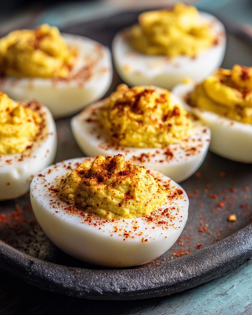 Close-up of beautifully arranged deviled eggs on a plate, garnished with paprika. Featuring the classic deviled eggs.