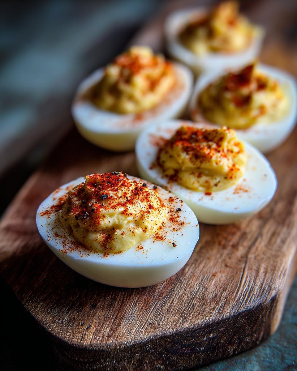 Close-up of deviled eggs on a wooden board, sprinkled with paprika. Delicious deviled eggs.