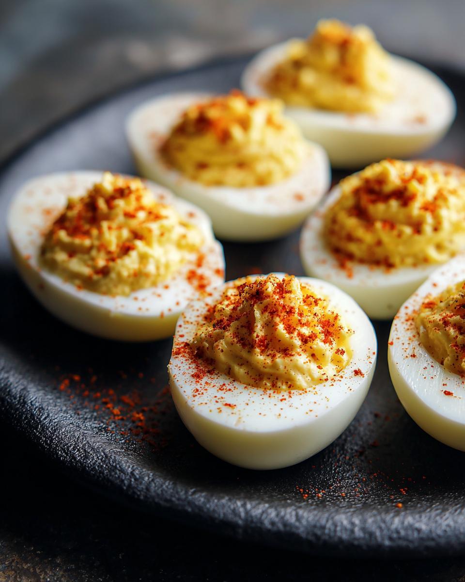 Close-up of deviled eggs on a black plate, garnished with paprika. A perfect appetizer.