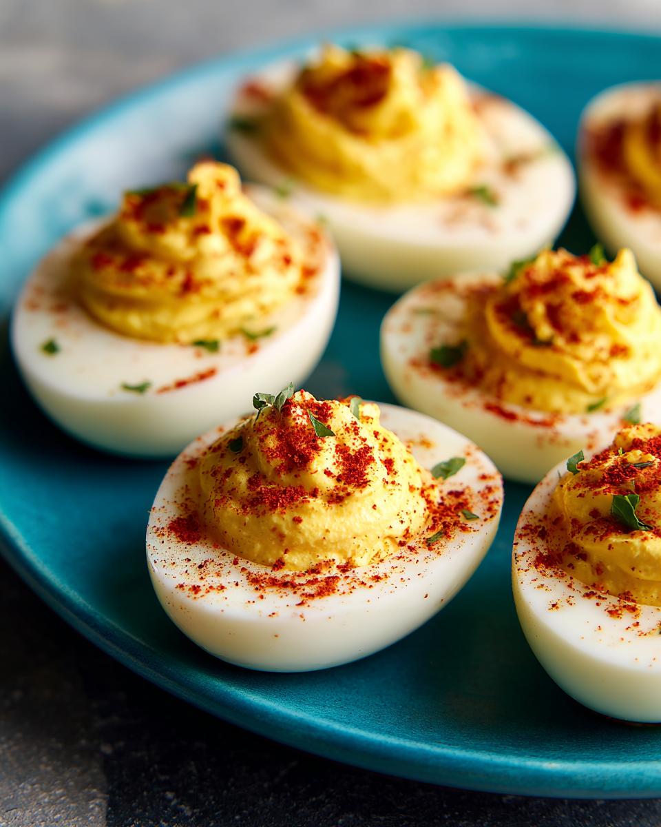 Close-up of beautifully arranged deviled eggs on a blue plate, garnished with paprika and herbs.
