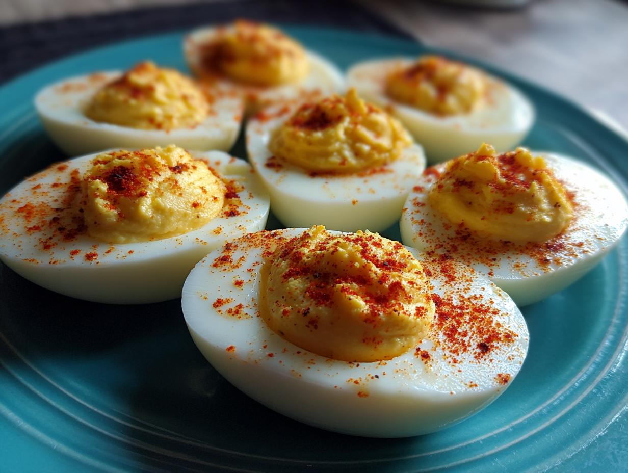Close-up of beautifully arranged deviled eggs on a blue plate, garnished with paprika.
