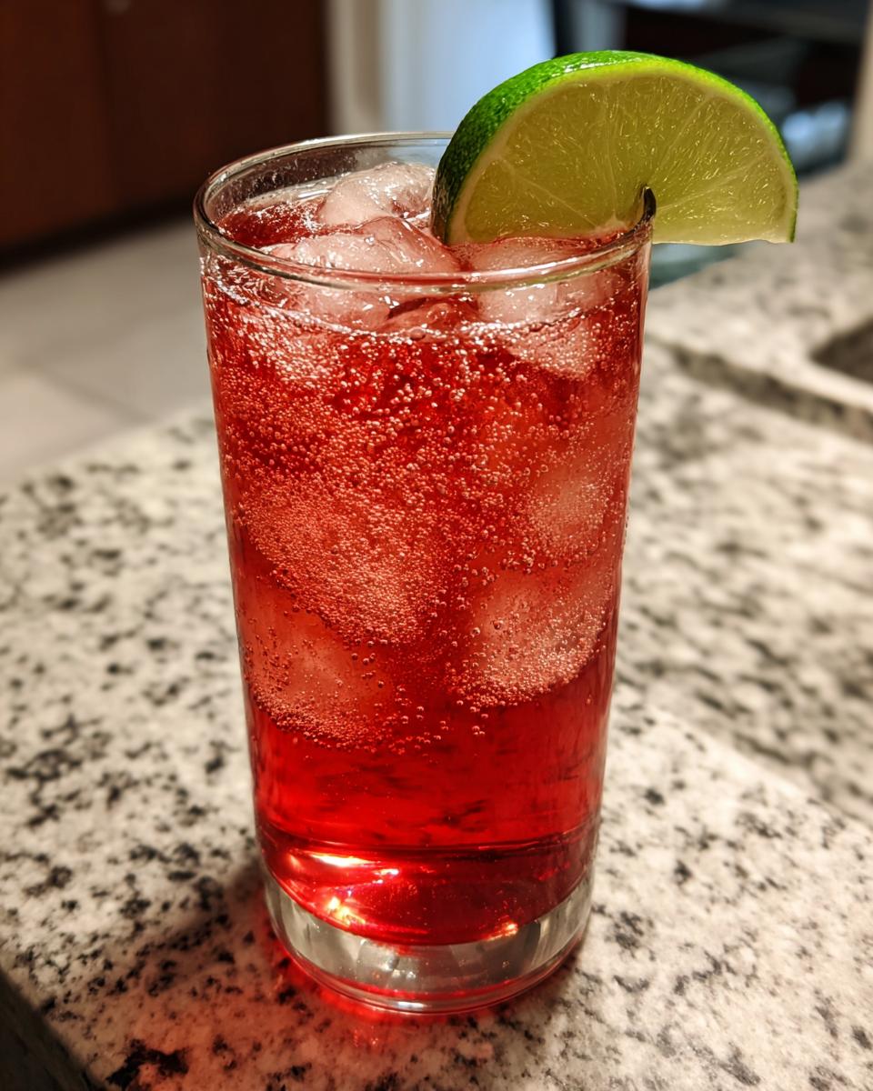 The Driveway Drink: Easy 1 Minute Refreshing Recipe 3 A tall glass of The Driveway Drink, a refreshing red beverage with ice and a lime wedge.