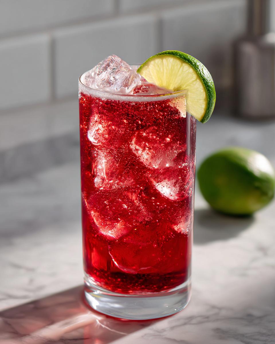 The Driveway Drink: Easy 1 Minute Refreshing Recipe 5 A tall glass filled with The Driveway Drink, ice, and a lime wedge for a refreshing beverage.