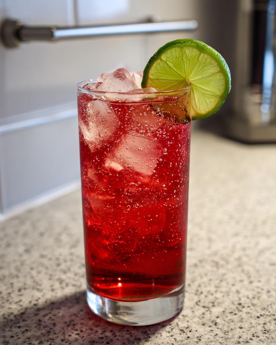 The Driveway Drink: Easy 1 Minute Refreshing Recipe 2 A tall glass of The Driveway Drink, a refreshing red beverage with ice and a lime garnish.