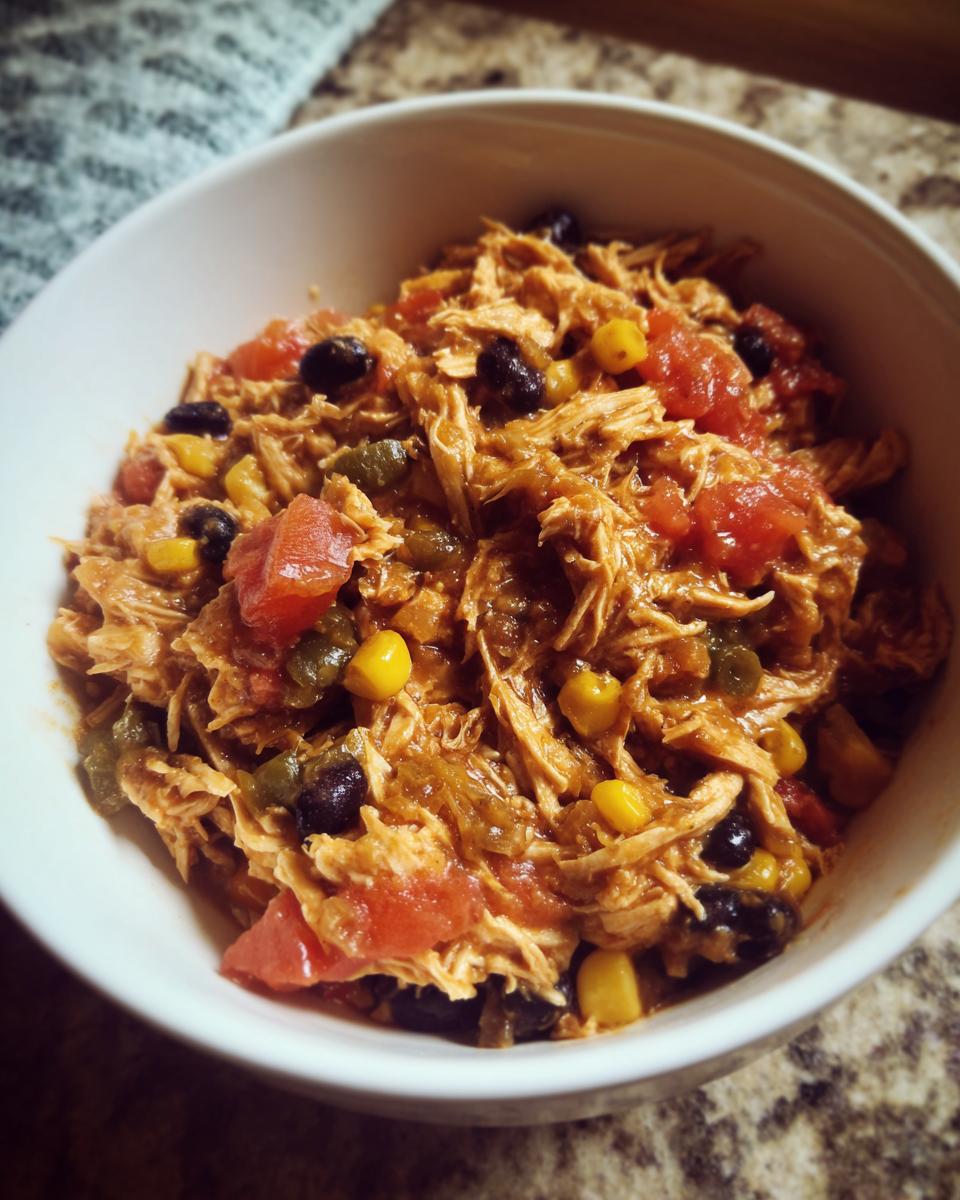 Close-up of a bowl of shredded chicken with tomatoes, corn, and black beans, perfect for Easy Crockpot Meals.