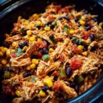 Close-up of a delicious Easy Crockpot Meals dish with shredded chicken, corn, and black beans.