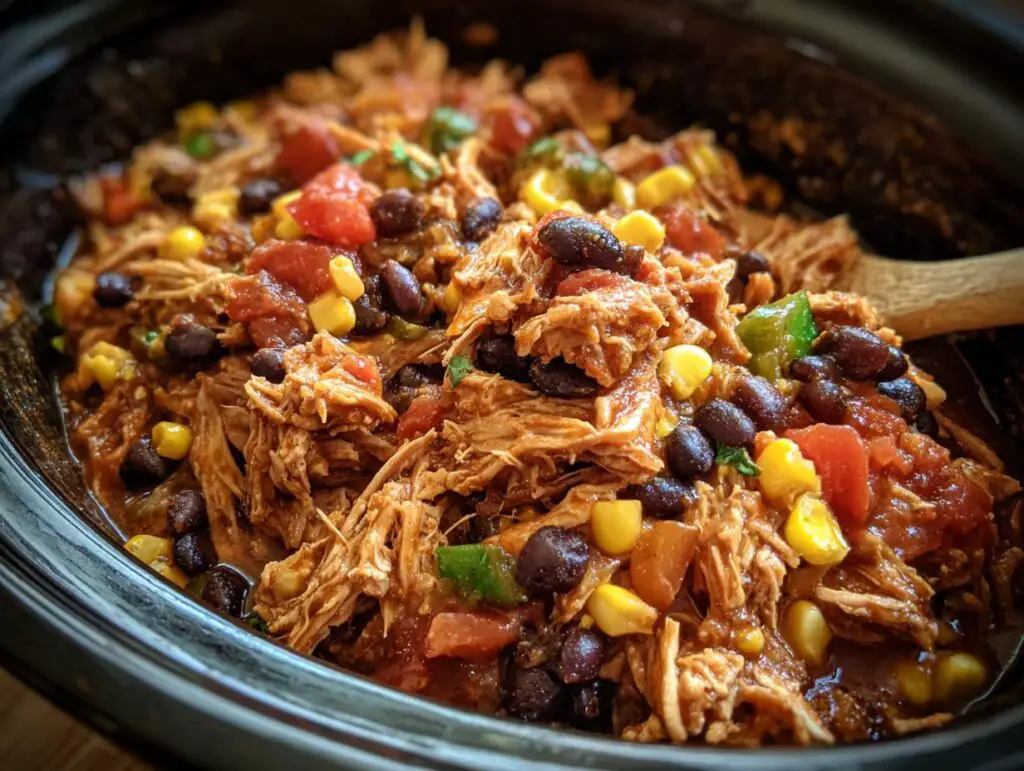 Close-up of a delicious Easy Crockpot Meal with chicken, black beans, corn, and tomatoes.