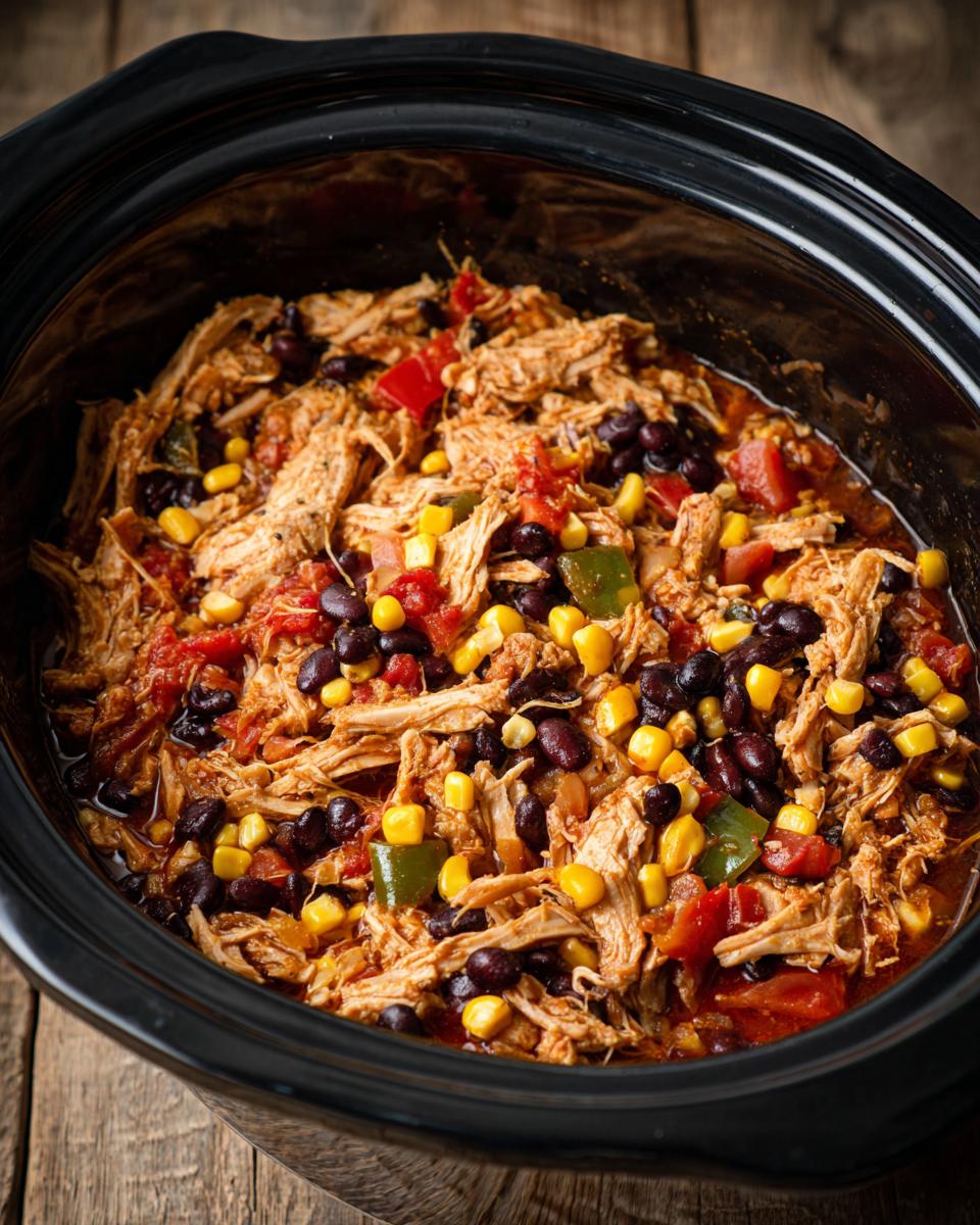 Close-up of a crockpot filled with chicken, black beans, corn, and tomatoes for Easy Crockpot Meals.