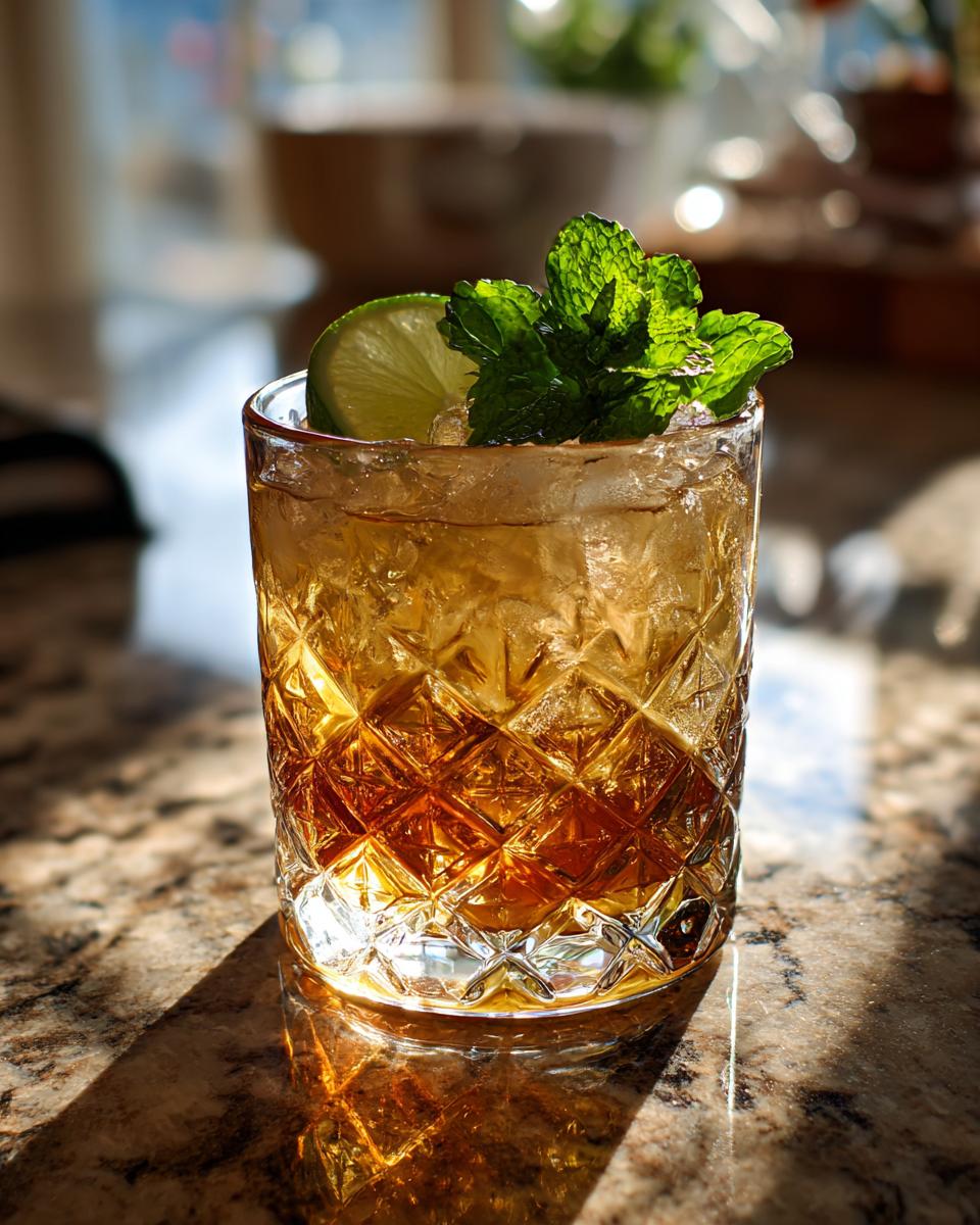 Close-up of an Easy Mai Tai cocktail in a glass, garnished with mint and lime.