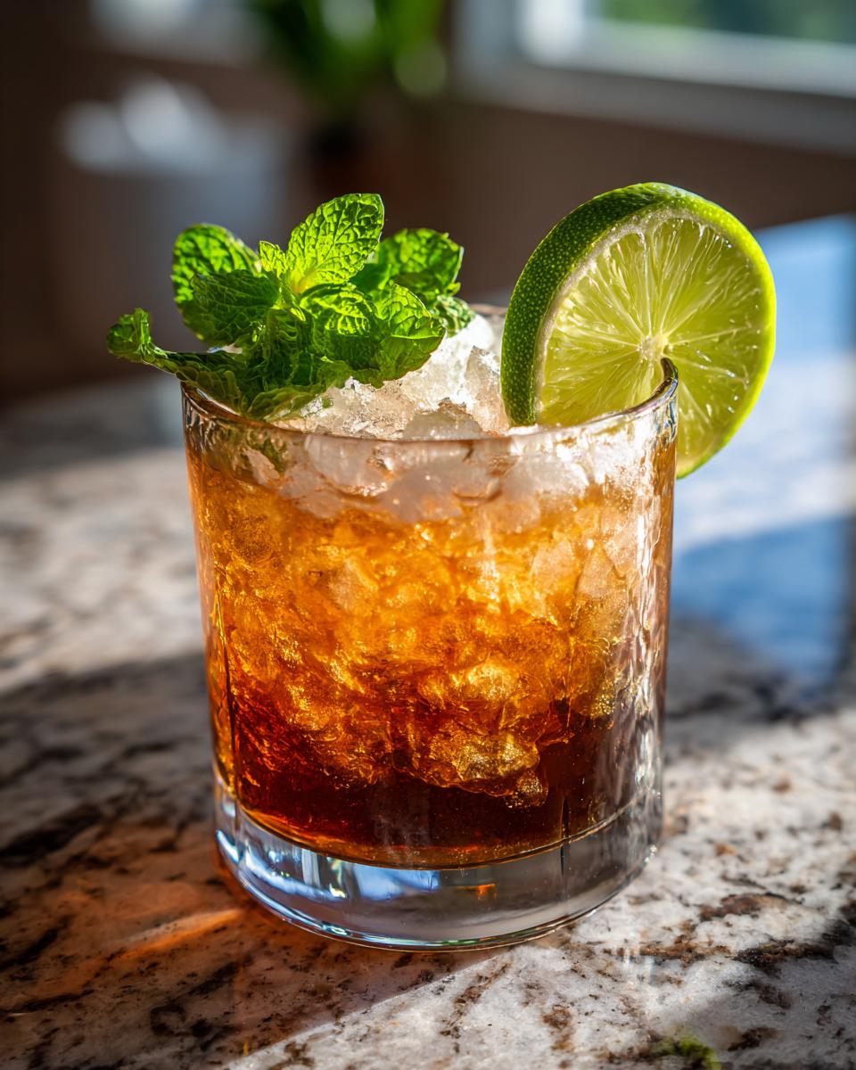 Close-up of an Easy Mai Tai cocktail with mint and lime garnish, filled with ice.