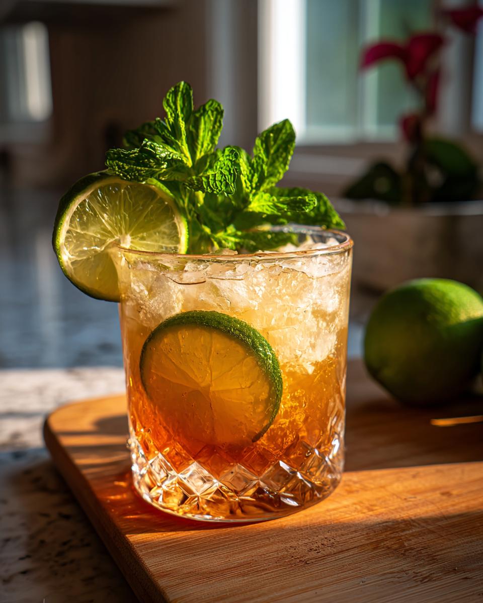 Close-up of an Easy Mai Tai cocktail with lime and mint garnish.