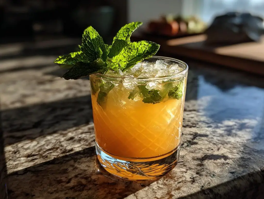 Close-up of an Easy Mai Tai cocktail garnished with fresh mint, on a granite countertop.