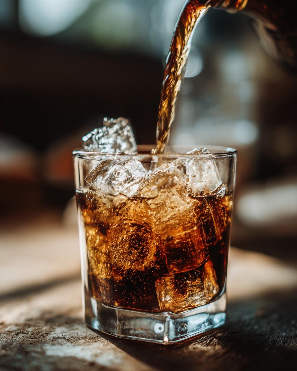 Close-up of a Mai Tai being poured into a glass with ice. This Easy Mai Tai Recipe is perfect!