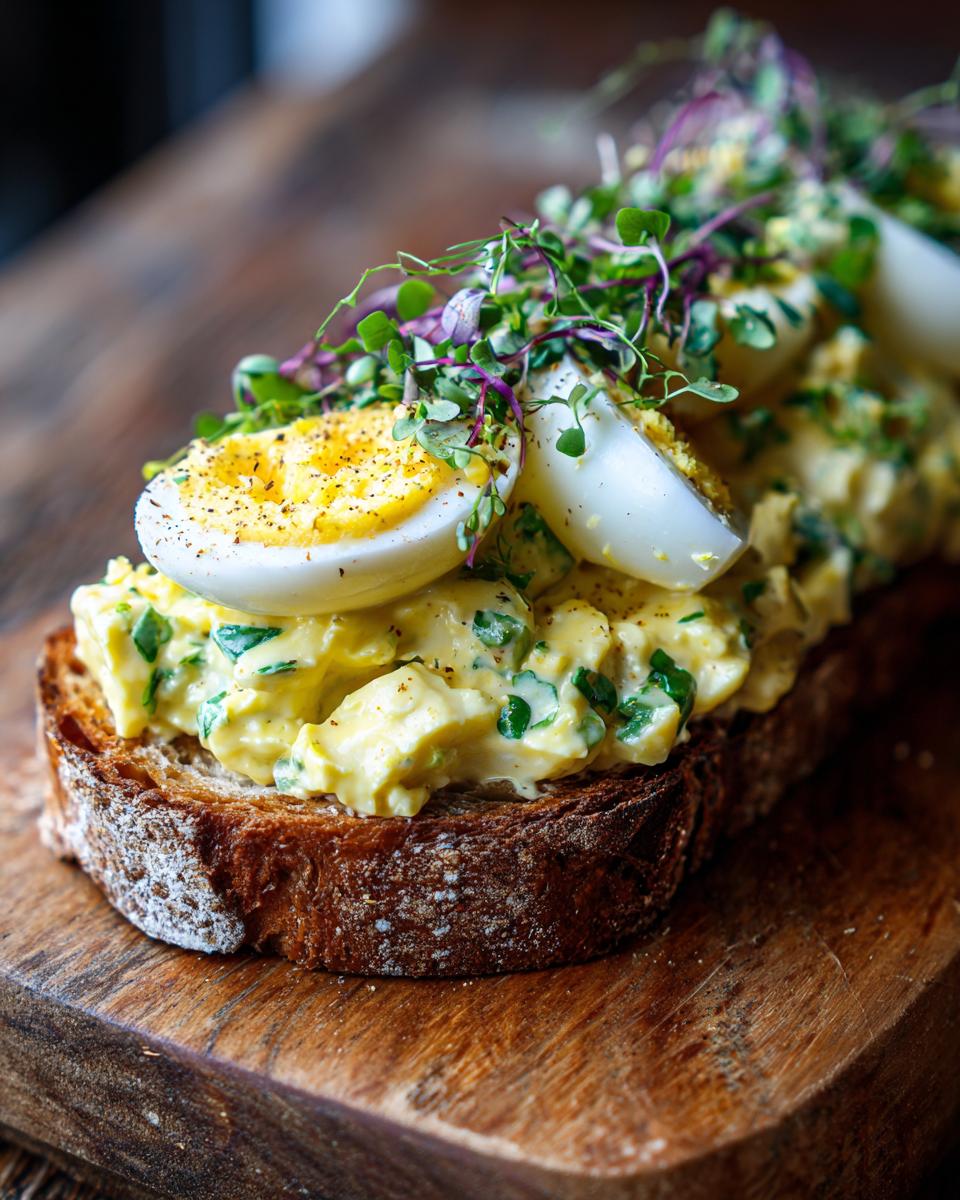Close-up of an open-faced egg salad sandwich with fresh herbs, showcasing the delicious egg salad.