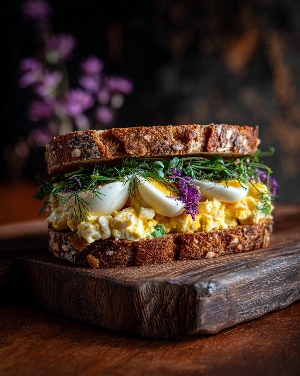 Close-up of an Egg Salad Sandwich with Fresh Herbs on rustic wooden board.