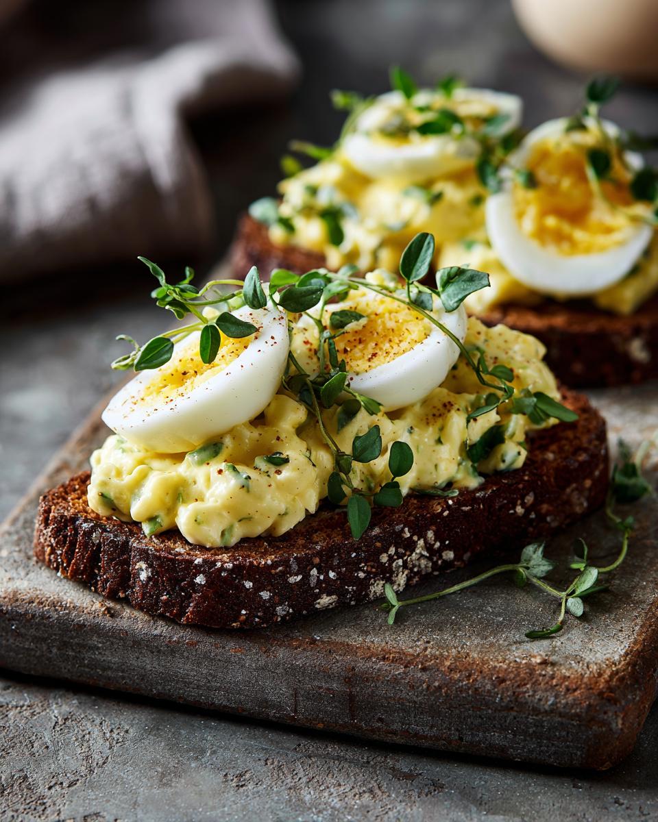 Close-up of an egg salad sandwich with fresh herbs on dark rye toast, showcasing the egg salad.