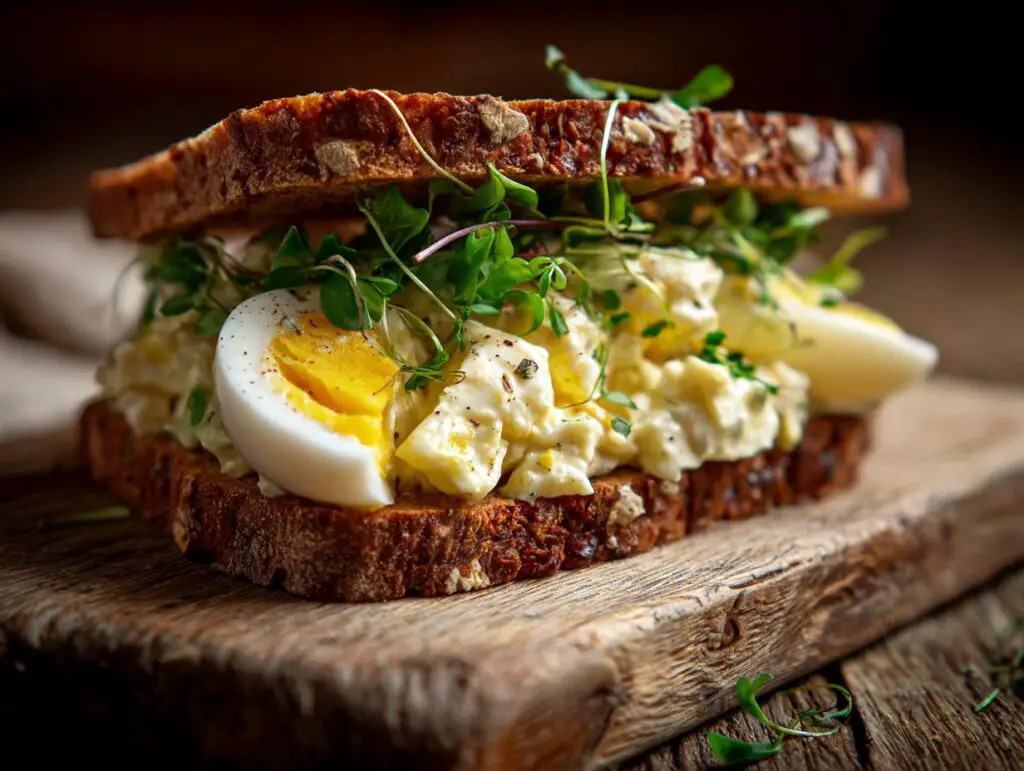 Close-up of an Egg Salad Sandwich with Fresh Herbs on rustic wooden board, showing egg salad and herbs.