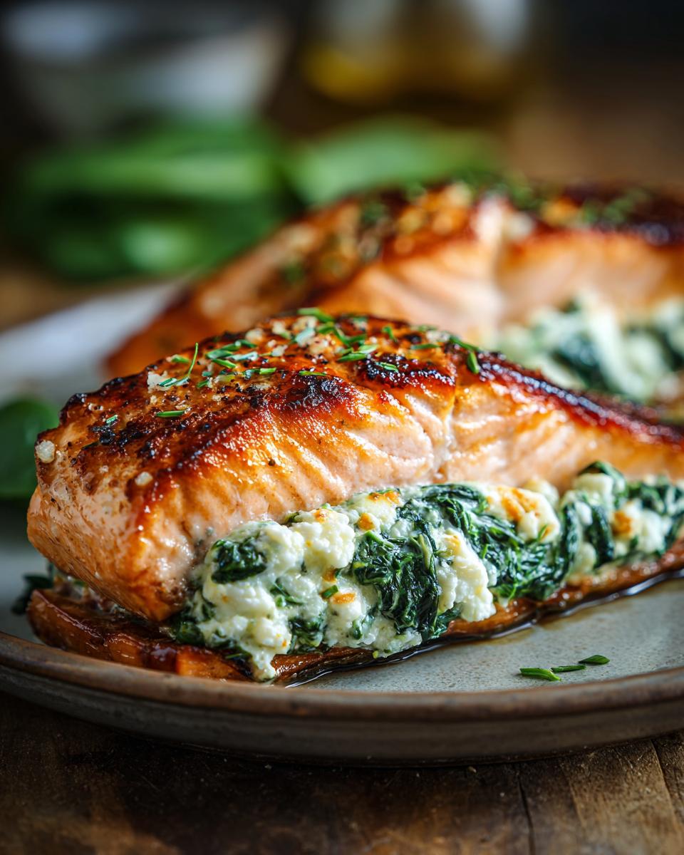 Close-up of Feta & Spinach Stuffed Salmon, showing the salmon fillet stuffed with spinach and feta cheese.