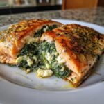 Close-up of Feta & Spinach Stuffed Salmon on a white plate, showing the filling.