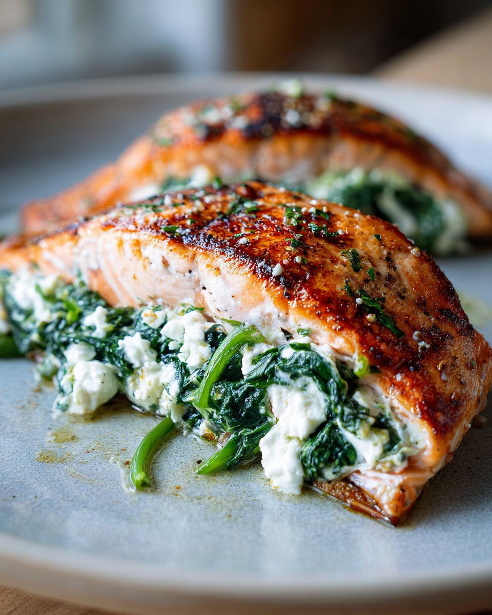 Close-up of Feta & Spinach Stuffed Salmon, a delicious and healthy meal.