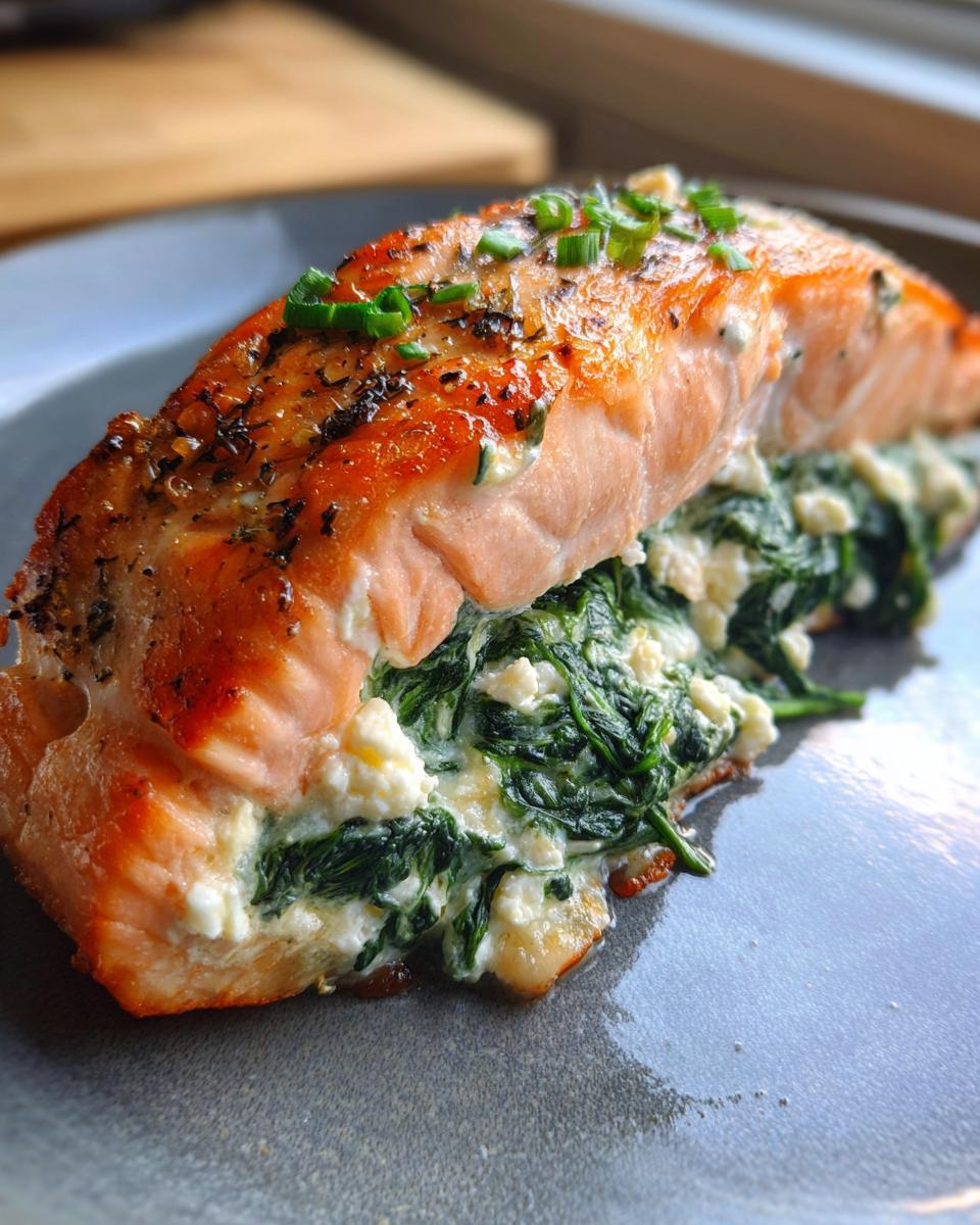Close-up of Feta & Spinach Stuffed Salmon, a delicious and healthy meal.