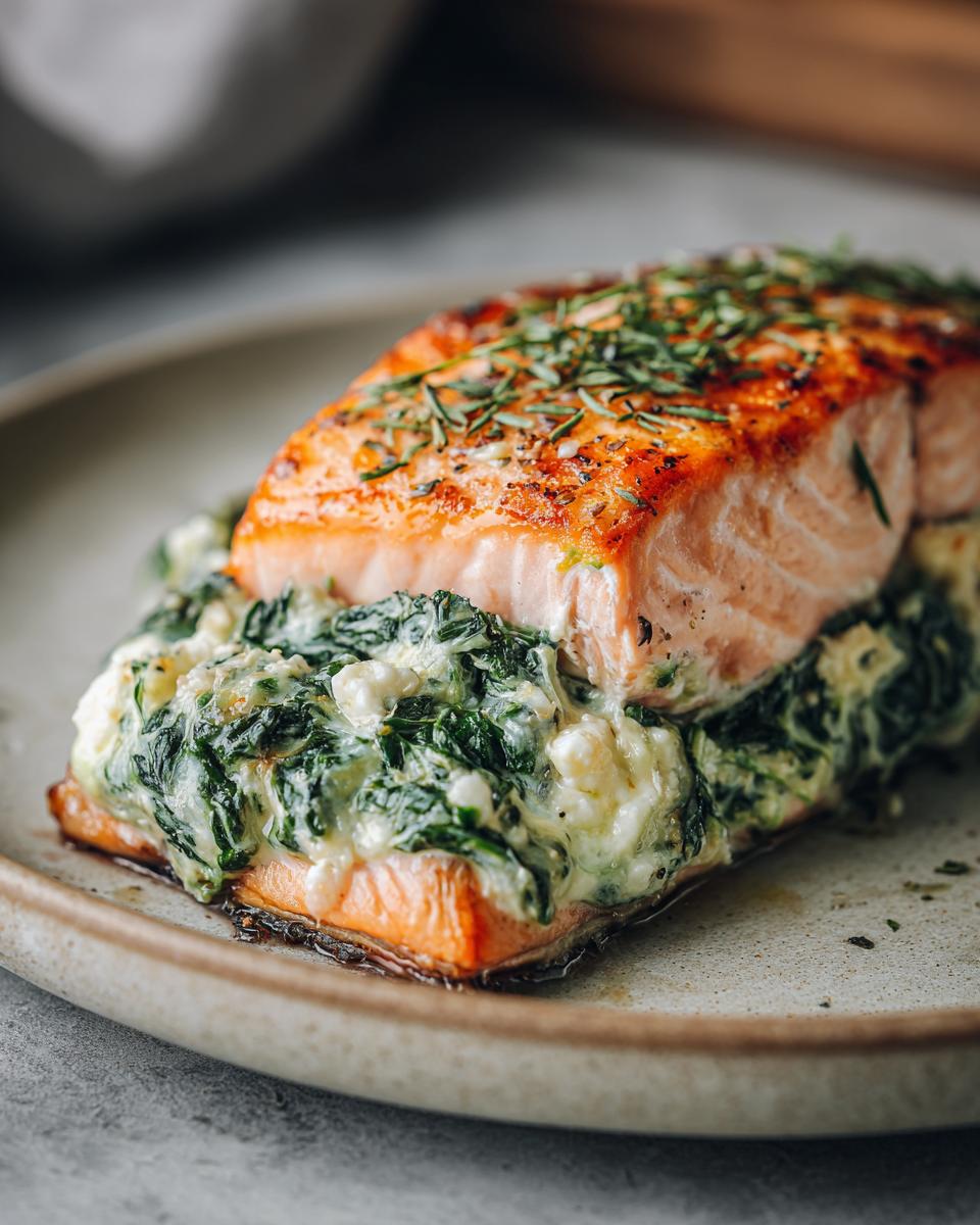 Close-up of Feta & Spinach Stuffed Salmon on a plate, showing the cooked salmon and filling.