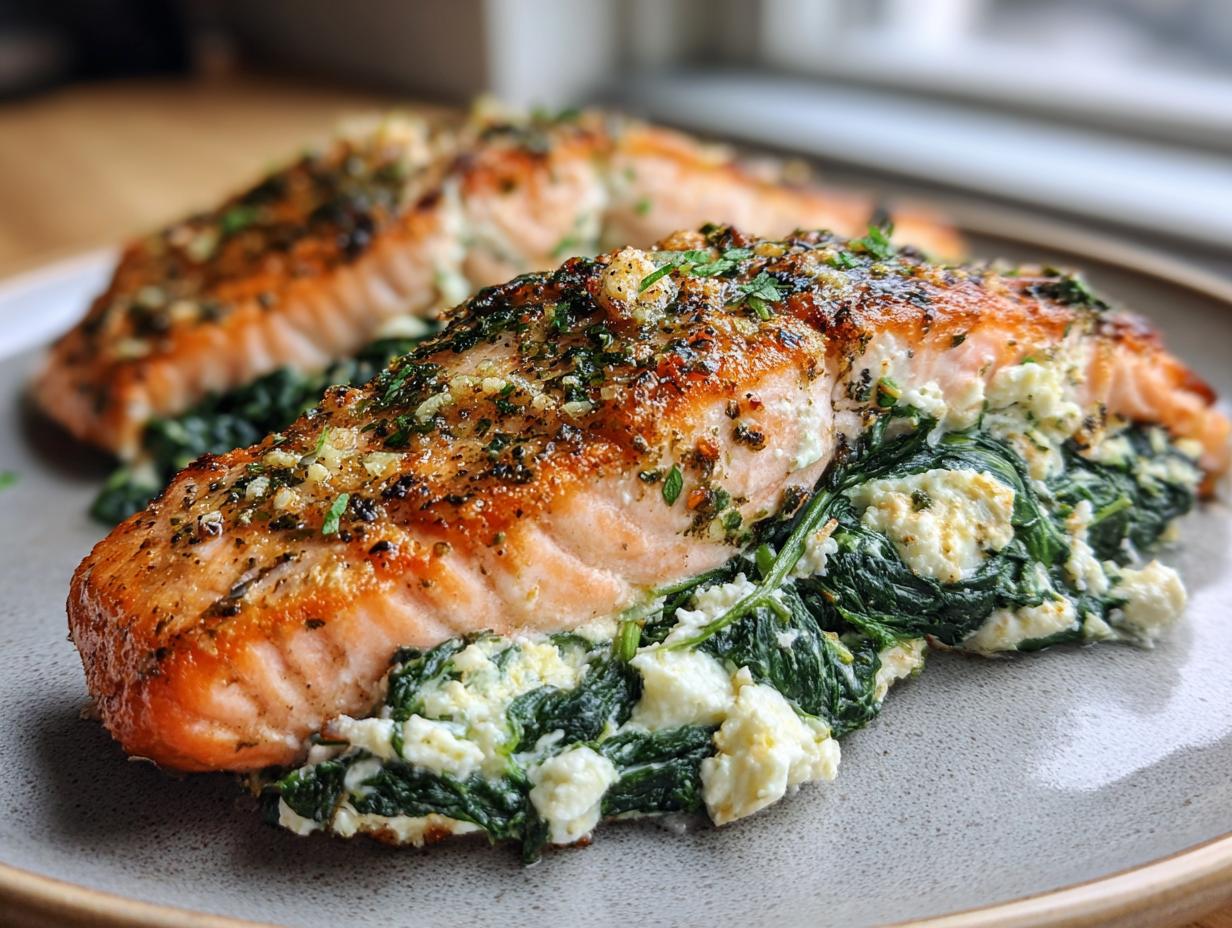 Close-up of Feta & Spinach Stuffed Salmon on a plate, showing the filling.