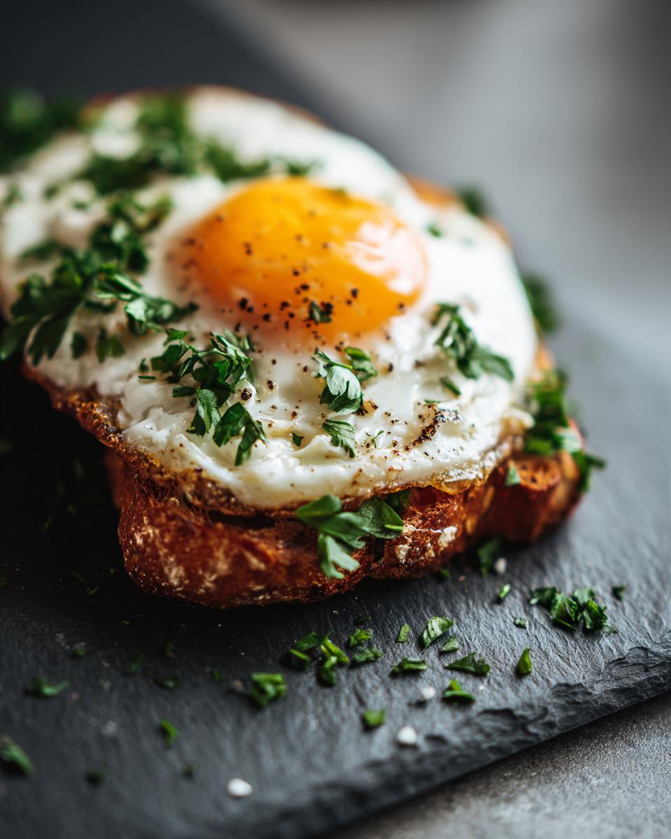 Close-up of a fried egg on toast with fresh herbs, a component of the Egg Salad Sandwich with Fresh Herbs recipe.