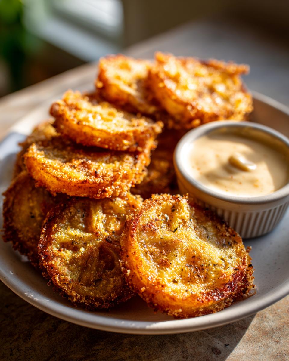 Close-up of golden-brown Fried Green Tomatoes with Remoulade sauce on a plate.