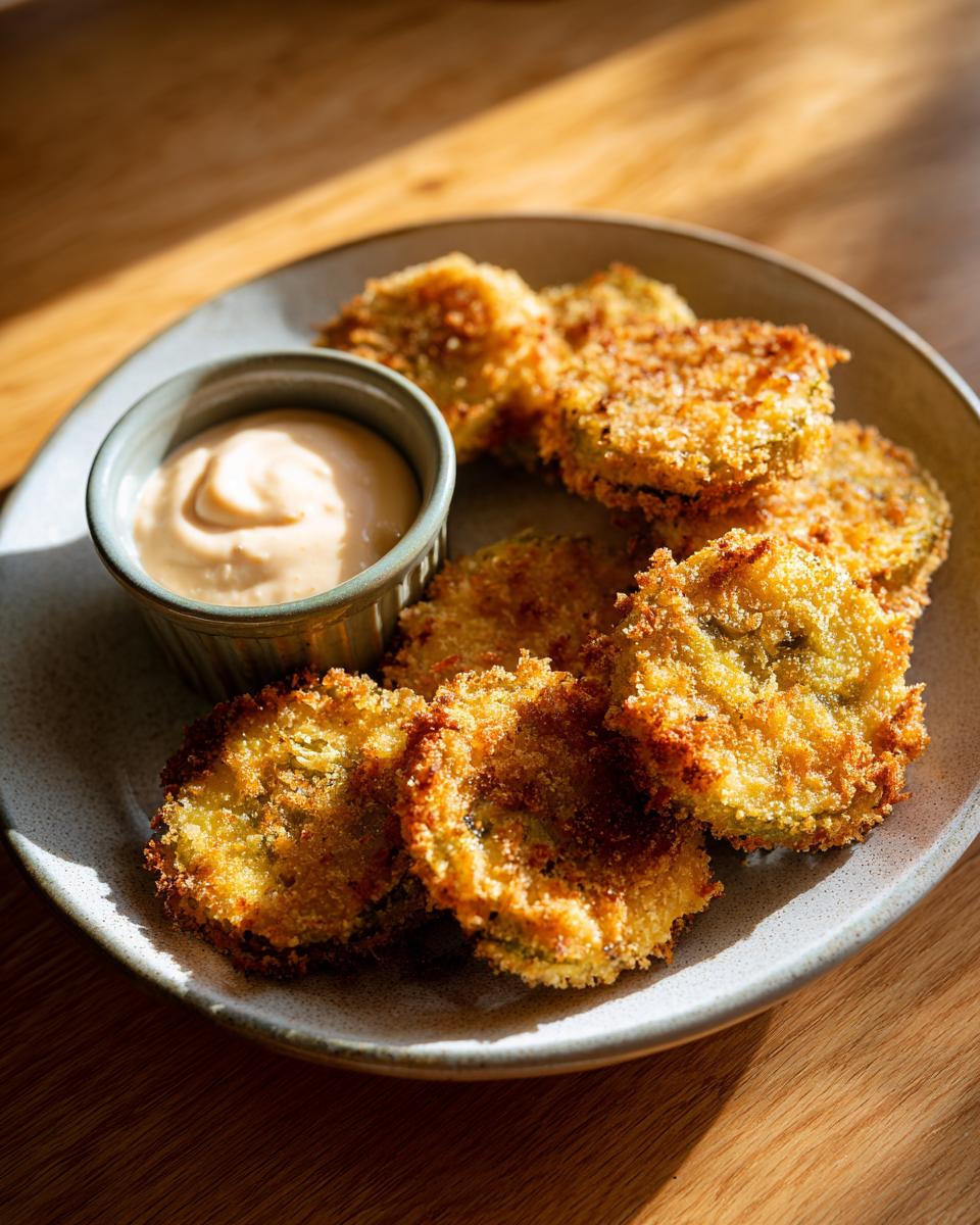 Plate of golden-brown Fried Green Tomatoes with Remoulade sauce.