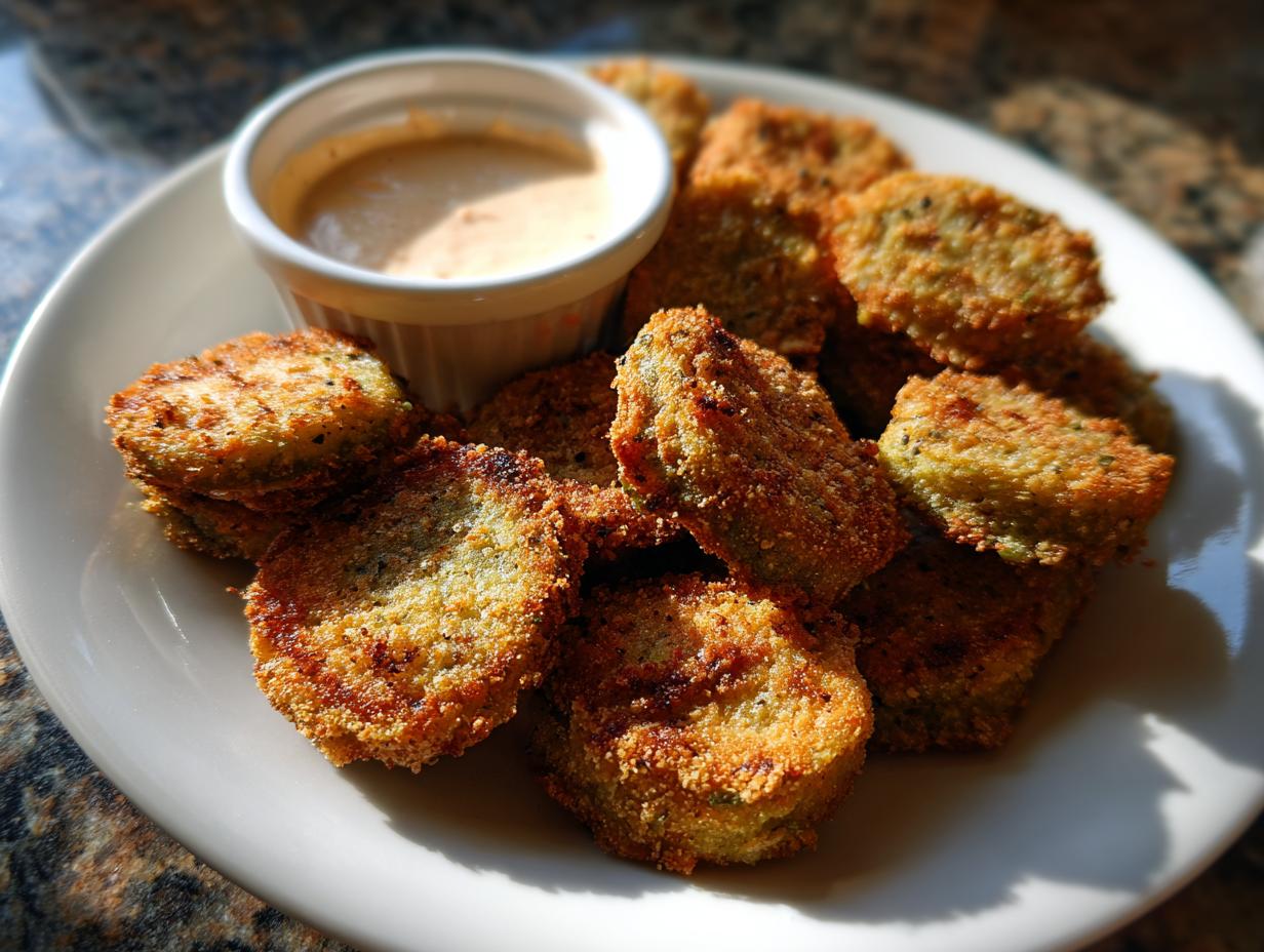 Plate of golden-brown Fried Green Tomatoes with Remoulade dipping sauce, a Southern classic.