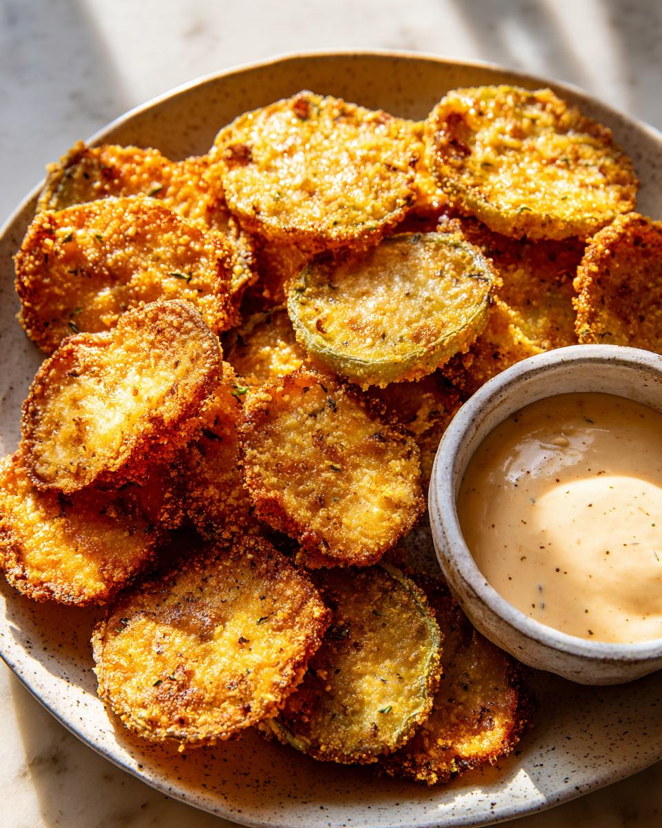 Plate of golden-brown Fried Green Tomatoes with Remoulade dipping sauce.