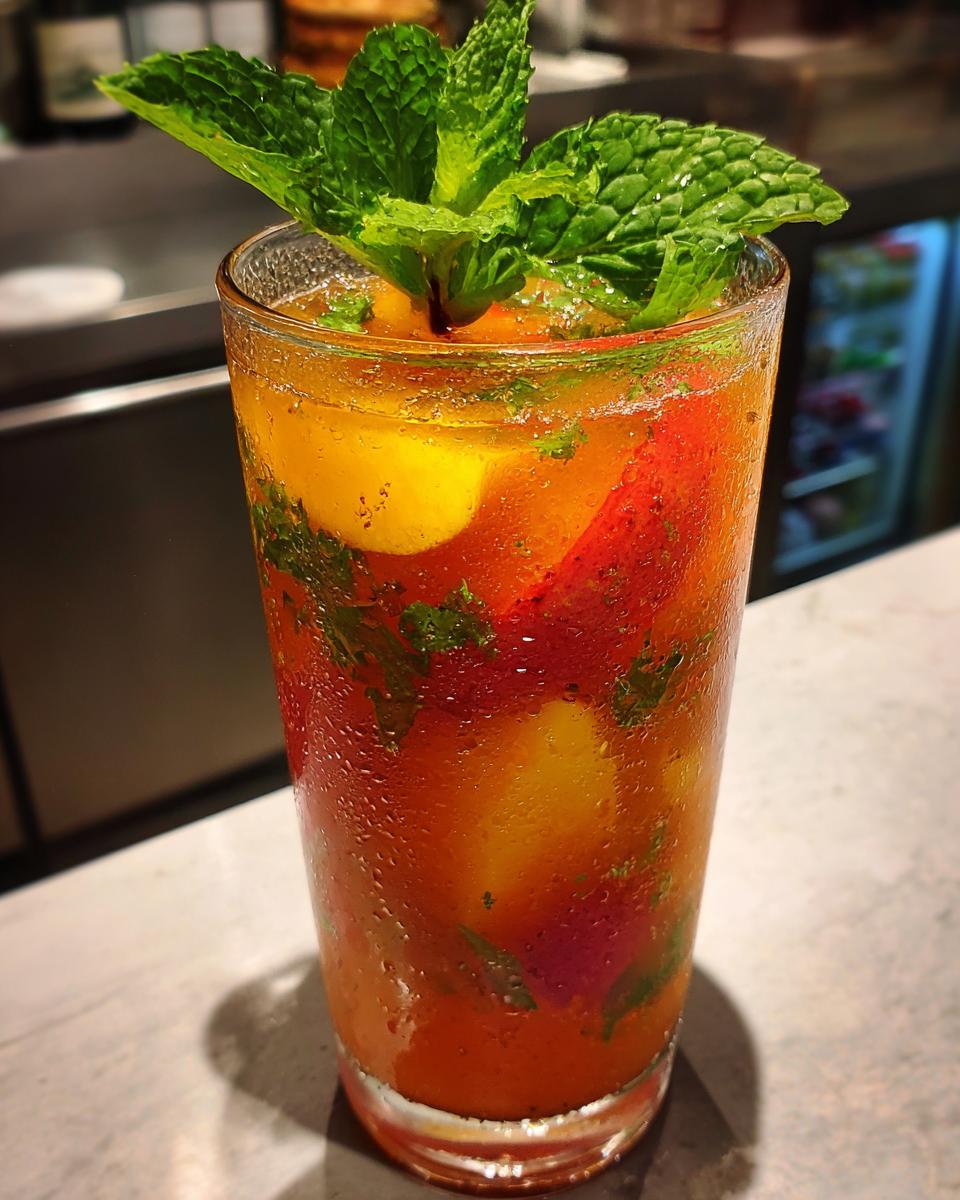 20 Refreshing Fruity Cocktails: Blissful Sips 4 Close-up of a refreshing fruity cocktail, garnished with fresh mint, perfect for summer. The image showcases the 20 Refreshing Fruity Cocktails.