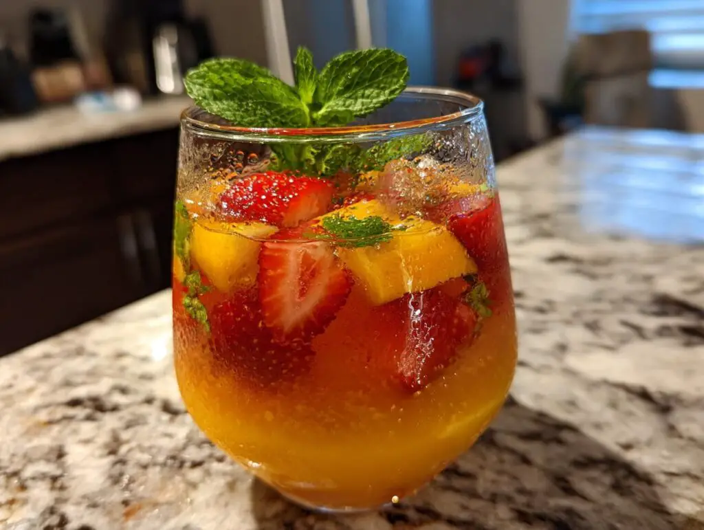 Close-up of a refreshing fruity cocktail with strawberries, mango, and mint, perfect for summer. This is one of the 20 Refreshing Fruity Cocktails.
