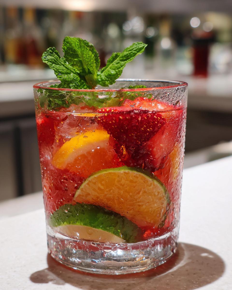 20 Refreshing Fruity Cocktails: Blissful Sips 5 Close-up of a refreshing fruity cocktail with strawberries, orange, lime, and mint, a perfect 20 Refreshing Fruity Cocktails.