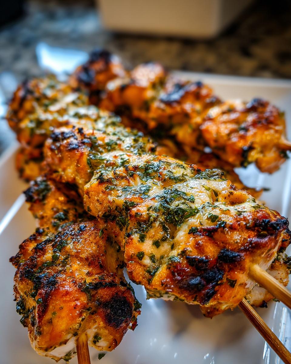 Close-up of delicious Garlic Parmesan Chicken Skewers on a white plate, ready to eat.