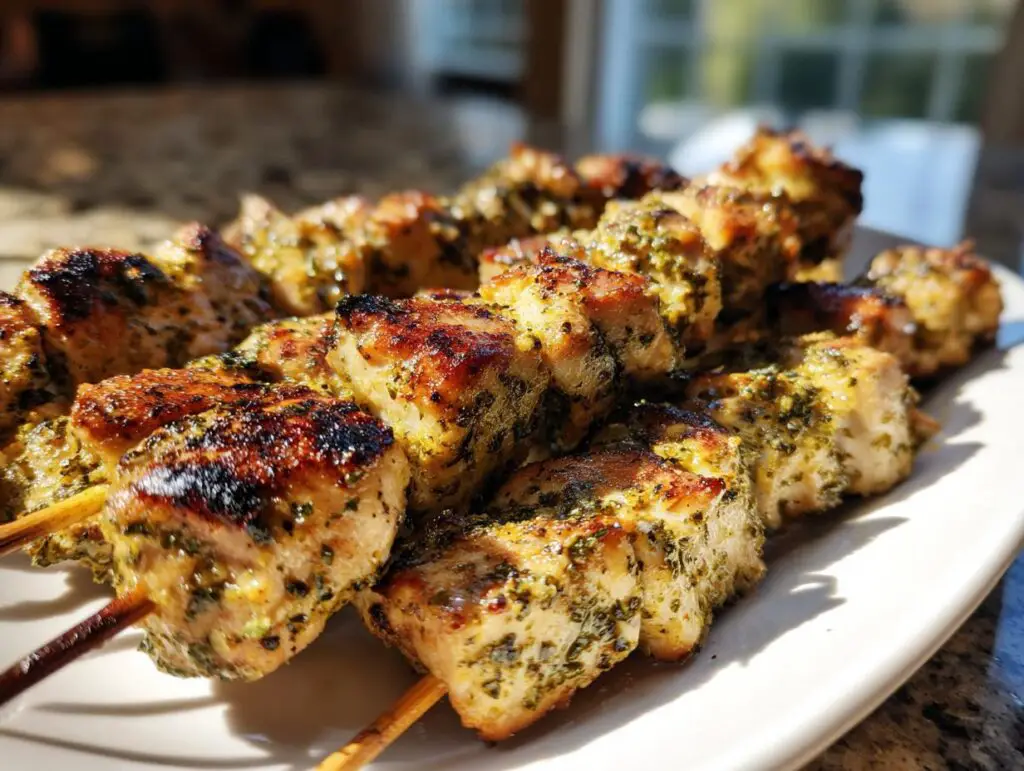 Close-up of delicious Garlic Parmesan Chicken Skewers on a white plate, ready to eat.