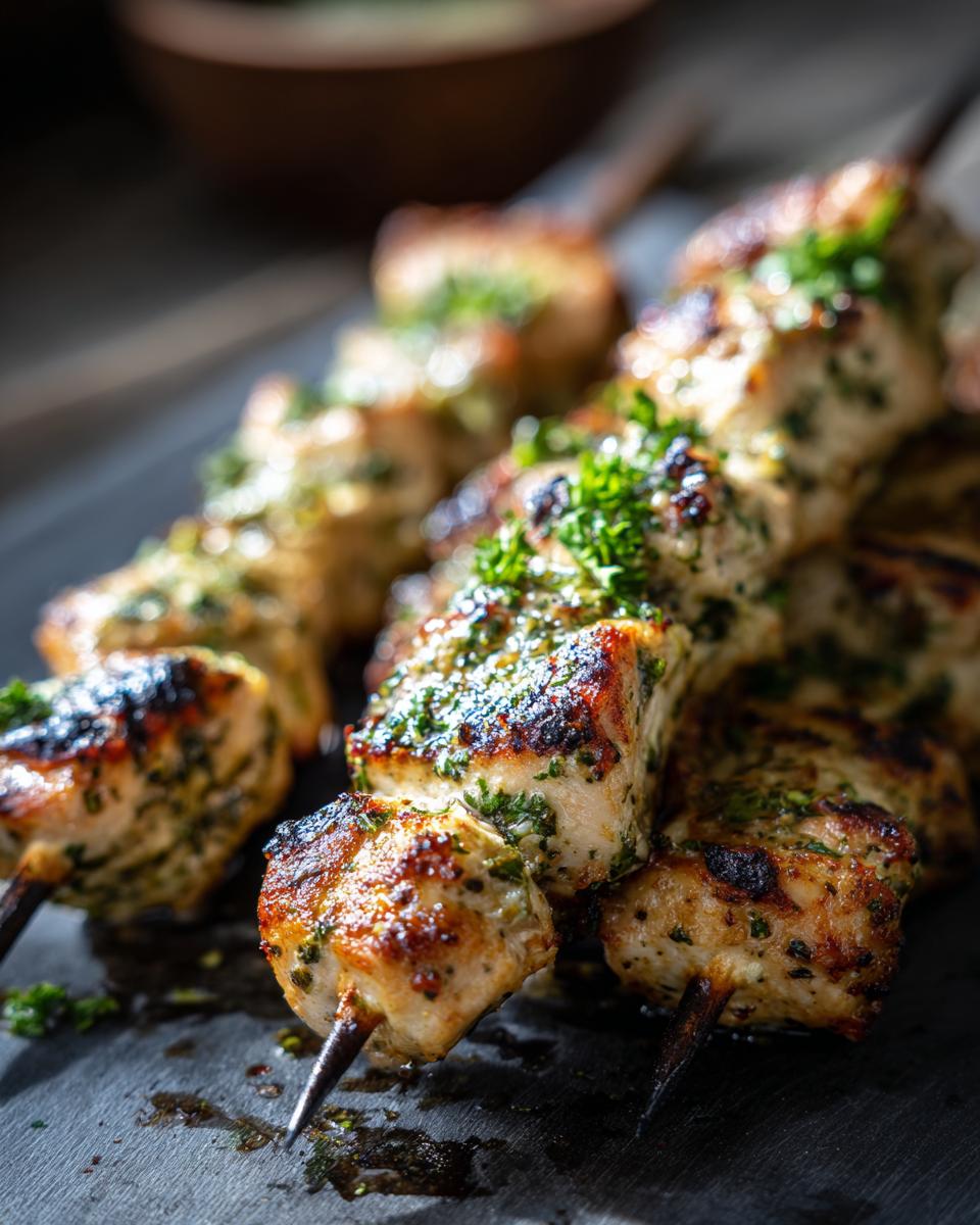 Close-up of grilled Garlic Parmesan Chicken Skewers, garnished with herbs, ready to eat.
