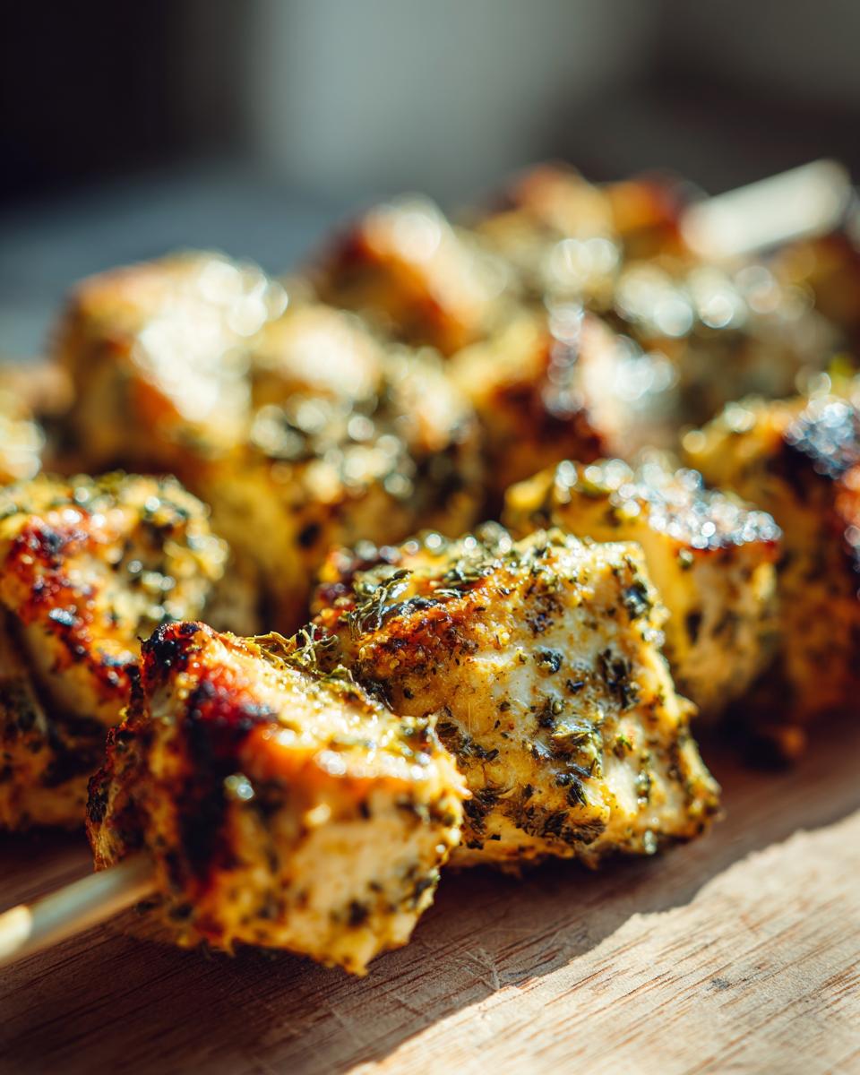 Close-up of grilled Garlic Parmesan Chicken Skewers on a wooden board, showing the herb-crusted chicken.