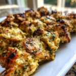 Close-up of grilled Garlic Parmesan Chicken Skewers on a white plate.
