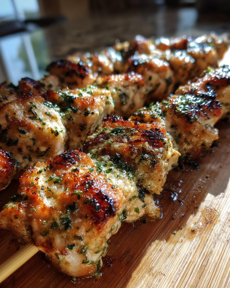 Close-up of grilled Garlic Parmesan Chicken Skewers on a wooden board.