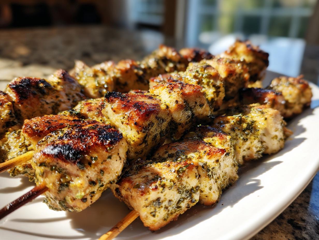 Close-up of delicious Garlic Parmesan Chicken Skewers on a white plate, ready to eat.