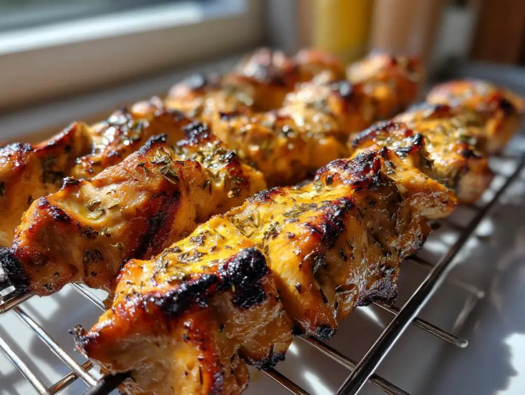 Close-up of grilled chicken skewers, perfect for Spring and Summer Recipes.