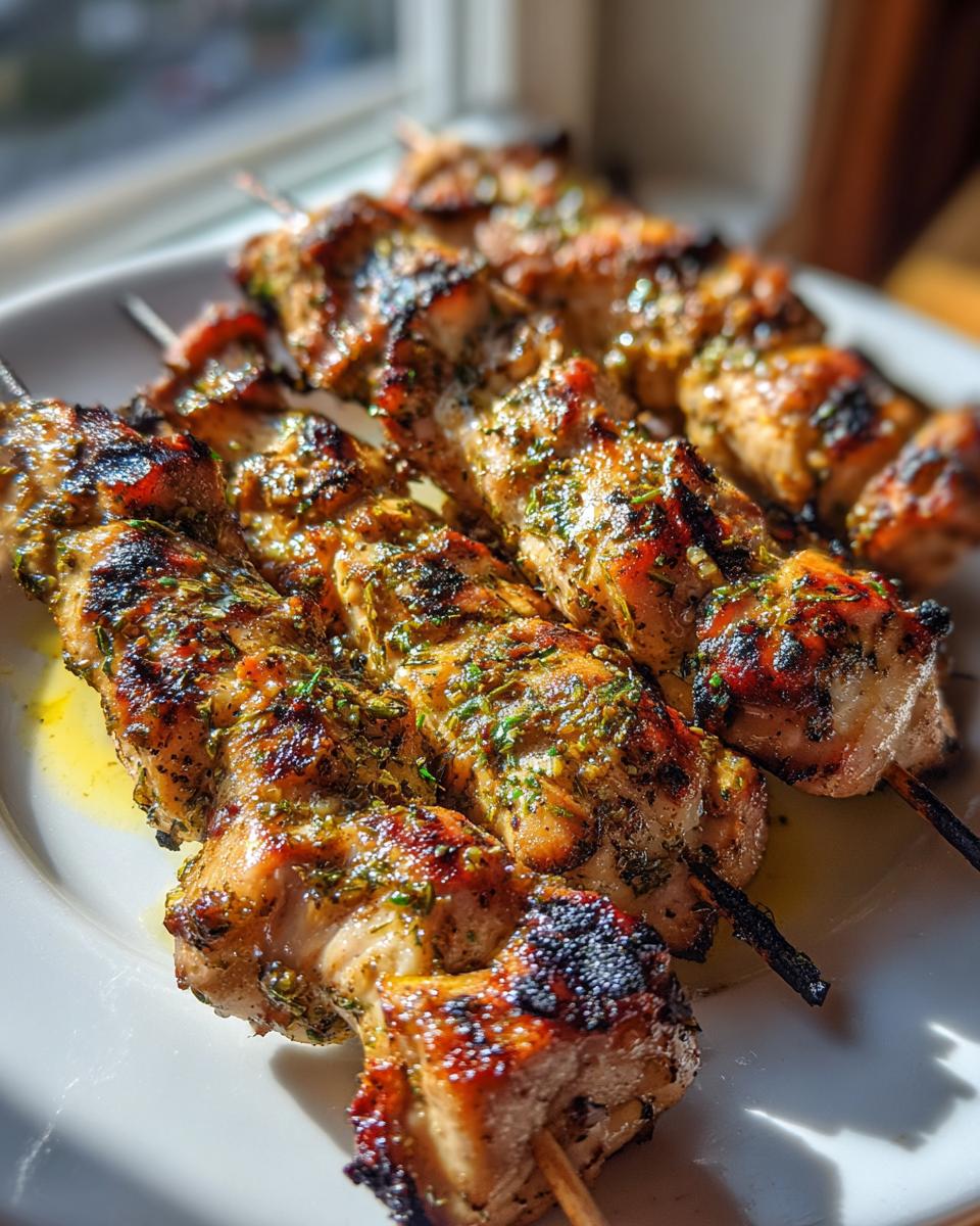 Close-up of grilled chicken skewers, perfect for Spring and Summer Recipes. Delicious and easy to prepare.