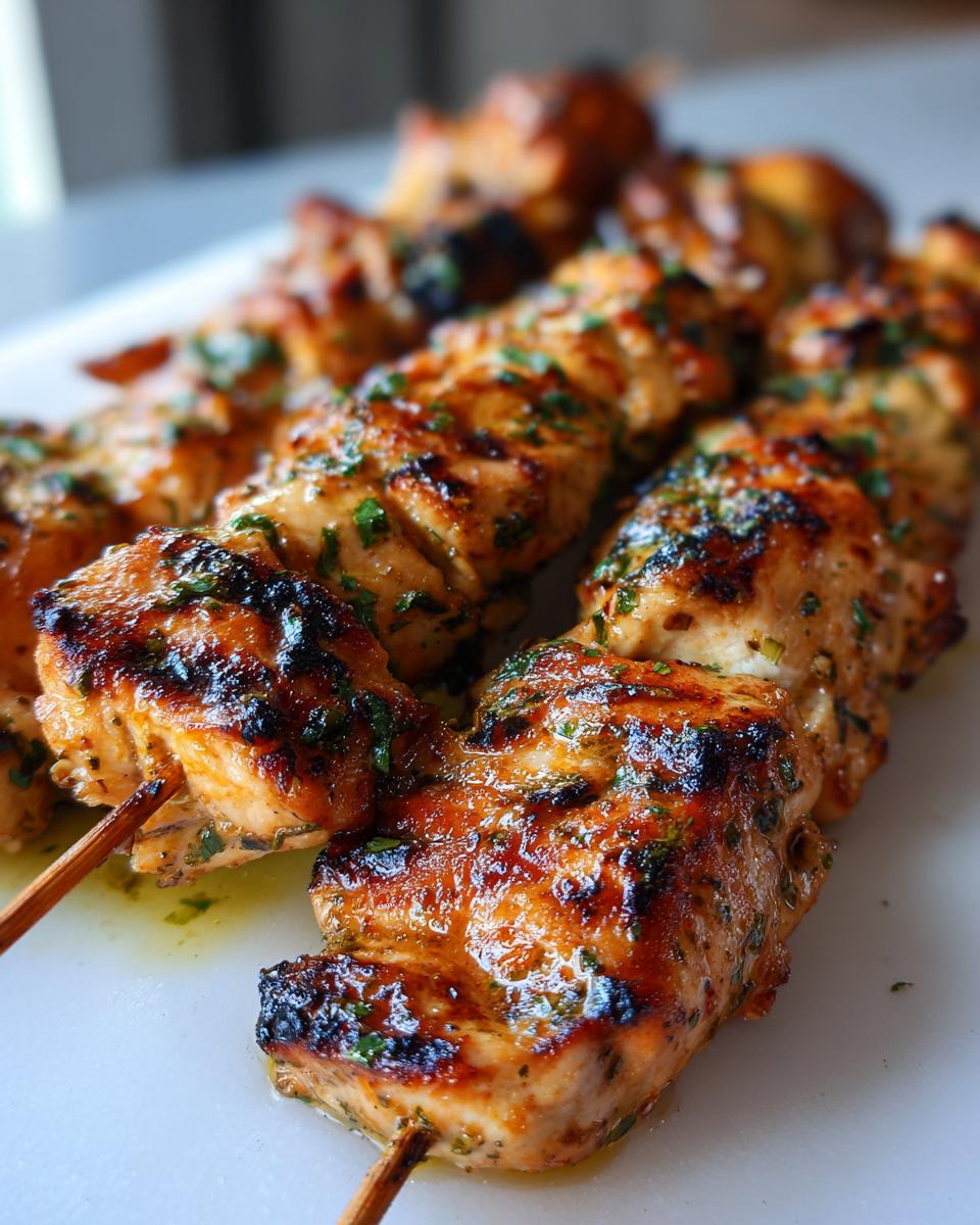Close-up of grilled chicken skewers, perfect for Spring and Summer Recipes. Chicken is seasoned and cooked to perfection.