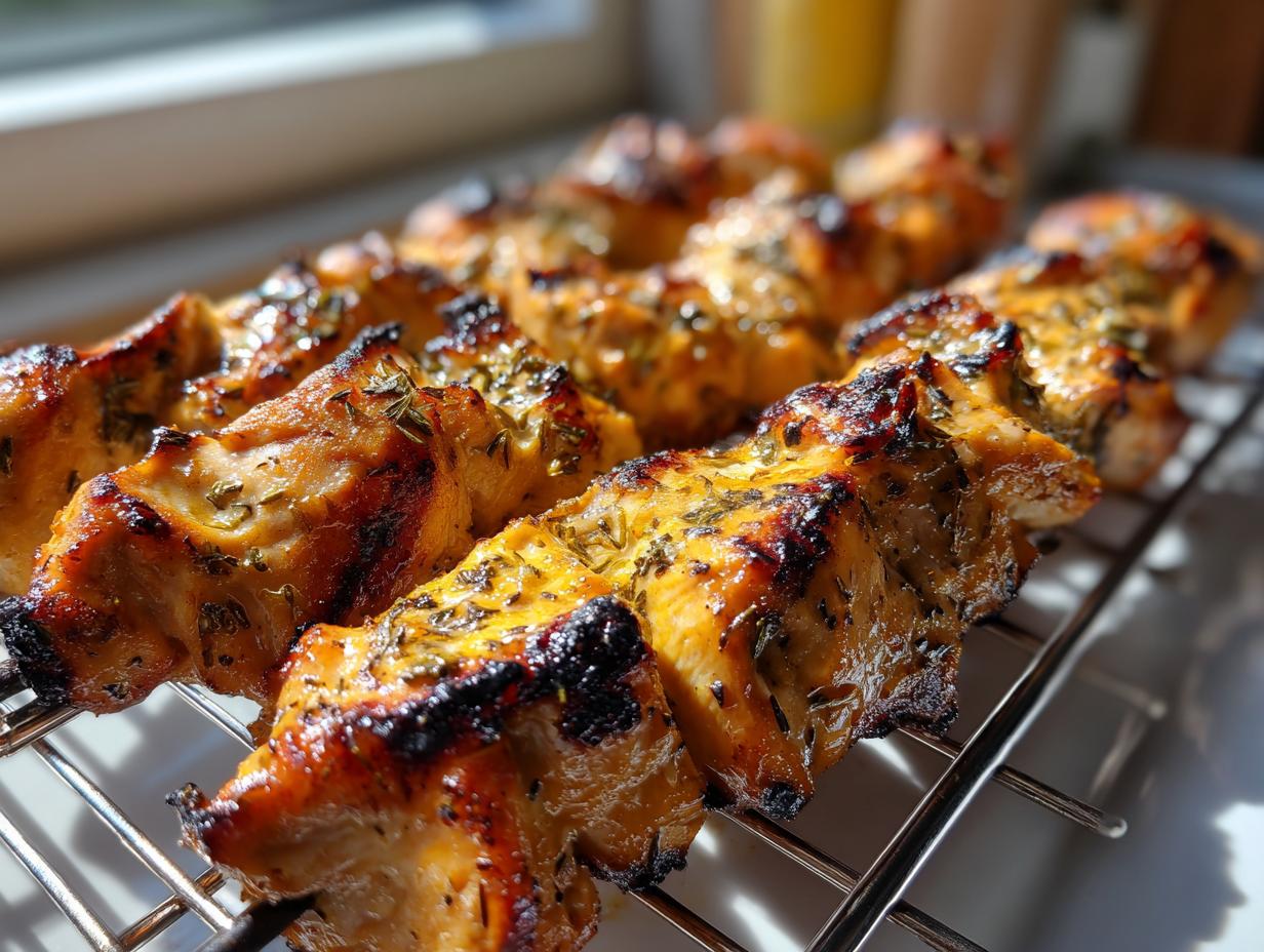 Close-up of grilled chicken skewers, perfect for Spring and Summer Recipes.