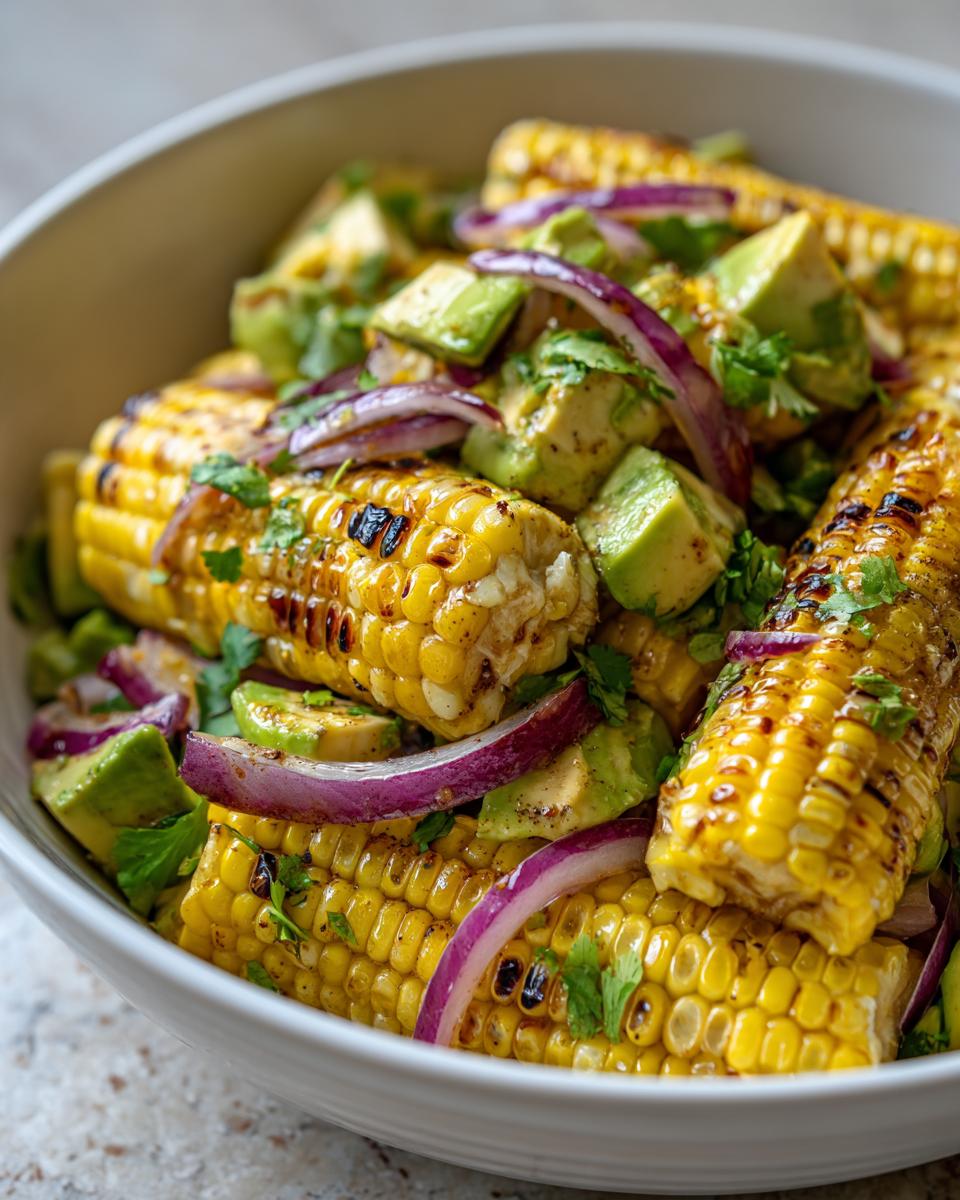 Close-up of a bowl of delicious Grilled Corn & Avocado Salad with red onion and cilantro.