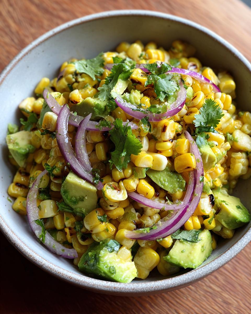 Close-up of a bowl of Grilled Corn & Avocado Salad, with red onion and cilantro.