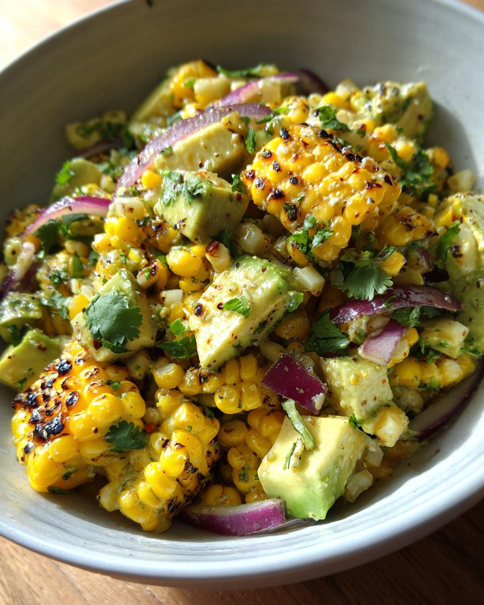 Close-up of a bowl filled with Grilled Corn & Avocado Salad, with red onion and cilantro.